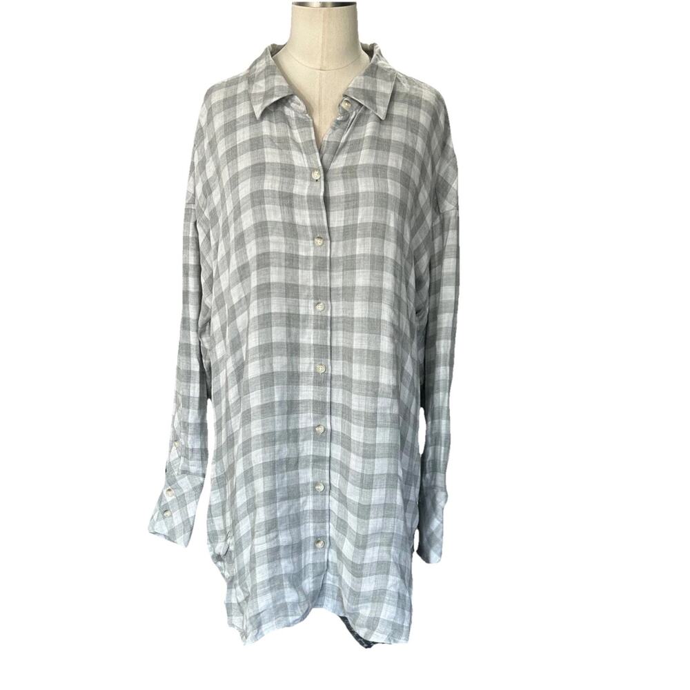 J Jill top Gingam Print Gray NEW Size Xl rayon Tunic Blouse Button Up